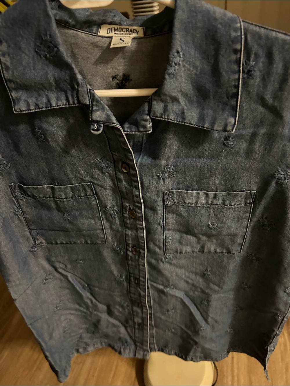 Democracy Distressed Chambray Button-Up Shirt in Denim Blue